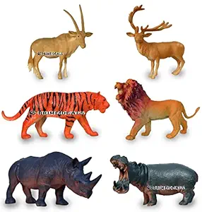 Set of 6 Big Size Full Action Toy Figure Jungle Cartoon Wild Animal Toys Figure Playing Set for Kids Current Animals Tiger Lion Hippo Rhino Deer and Nilgai Toys for Kid Children Baby Toddler Boy