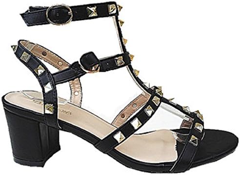 fashionfolie Woman Sandal Ankle Strap Heel Pumps Square Pins Rockstud Rolling j-3noir Black Size: 6.5