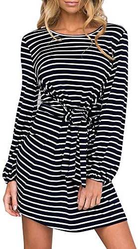 TIMEMEAN Women Casual Outdoor Home Daily Long Dress Autumn Bandage Striped Mini Dress Ladies Beach Party Dresses