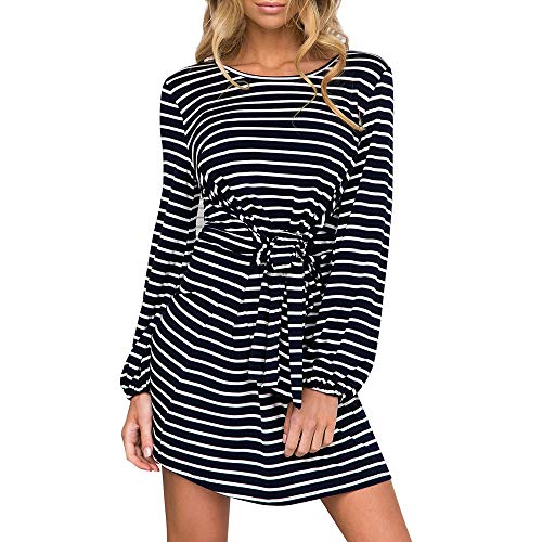TIMEMEAN Women Casual Outdoor Home Daily Long Dress Autumn Bandage Striped Mini Dress Ladies Beach Party Dresses
