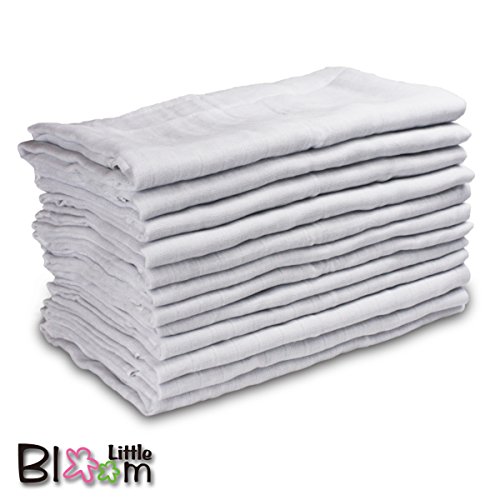 Little Bloom, 100% Cotton Muslin Squares, Pack of 12, White