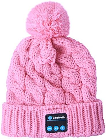 HZY Women Wireless Bluetooth Headphone Hat with Pompom Winter Soft Beanie Knitted Cap Built-in Mic Keep Warm Answer Phone and Listen to Music (Pink)