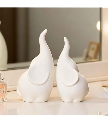 LINYTHER Keramik Elefanten Figuren Paar | Afrikanische Deko Mit Hochgezogenen Stämmen