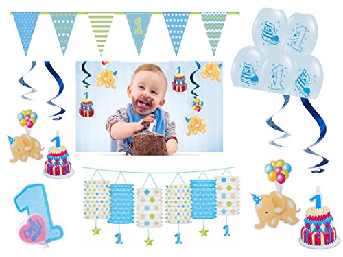 Partydeko Set 1.Geburtstag Kindergeburtstag 13 teilig blau Junge 1.Geburtstag Girlande Luftballon Tortenkerze