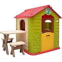 LittleTom Casa de Juegos para niños y niñas Incl 1 Mesa 2 taburetes Casita de plástico para Interiores y Exteriores Verde Beige