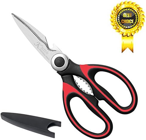 Heavy Duty Kitchen Scissors - Award Winning Best Multi-Purpose Utility Shears for Chicken, Poultry, Fish, Meat, Vegetables, Herbs, and BBQ's - As Sharp As Any Knife (Black Red)