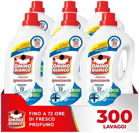 Omino Bianco - Detersivo Lavatrice Igienizzante Liquido, 300 Lavaggi, Igienizza i Capi e Rimuove Germi e Batteri, 2000 ml x 6 Confezioni