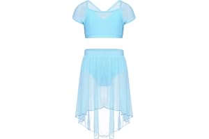 inlzdz Girls Two-Piece Ballet Dance Gymnastics Outfits Crop Tops Bra with Wrap Tutu Skirt Jazz Lyrical Dancewear Costumes
