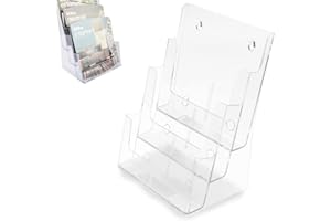 Niciksty Wandprospekthalter A4 aus Durchsichtigem Kunststoff, 3-Stufiger Prospekthalter Wand oder Schreibtisch - Für Prospekte, Postkarten, Flyer, Menüs & Broschüren