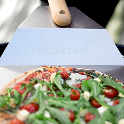 Rustler Pizzastein mit Gestell – rund – 38cm + Pizzaschieber (Edelstahl/Holz) - 6