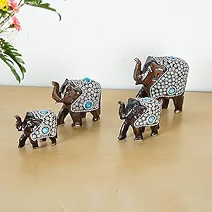 zart Presents New Meenakari Handmade Wooden Elephant Showpiece - Set of 4 (Brown, 5 inch, 4 inch, 3.5 inch, 3 inch)