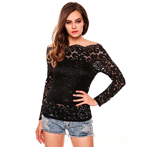 MK05 2015 Autumn Women Sexy Lace Slim Hollow Perspective Women's long-sleeved T-shirt (M, BLACK)