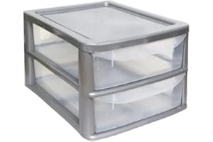 KHANARY PLASTIC STORAGE DRAWERS 2 TIER A4| SMALL CLEAR SILVER TOWER UNIT | OFFICE DESKTOP TABLETOP ORGANISER HOME SCHOOL BEDROOM LIVING ROOM | 20 cm HEIGHT, 35 cm DEPTH, 28 cm WIDTH