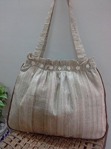 Panigha India Handmade Tote Bag made of Linen/Silk blended textured fabric in Natural color decorated with handmade crochet flowers and lace around the edge.