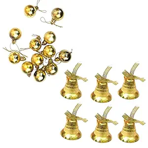 Urvi Creations Christmas Xmas Tree Decoration 6 Pcs Golden Bells and 12 Small Balls Combo Set Hanging Ornaments for Xmas Christmas Party Decor