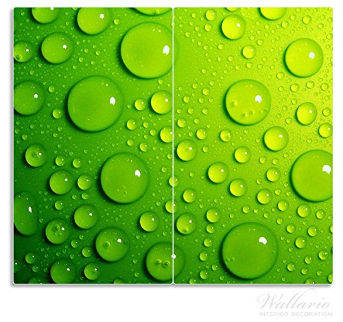 Wallario Herdabdeckplatte / Spritzschutz aus Glas, 2-teilig, 60x52cm, für Ceran- und Induktionsherde, Wassertropfen auf Grün
