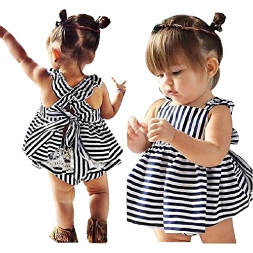 Koly 1Set Baby Girls Clothes Summer Infant Outfit Stripe Backless Dress+ shorts (9M)