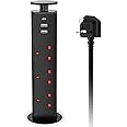 HANNELORE Pull Up Plug Sockets with USB C PD20W, Pop Up Sockets Extension 3 Outlets and 2 USB, Recessed Hidden Power Socket For Kitchen Worktops Desktop Home and Office, 13A/3250W, 1.8M Cable, Black