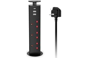 HANNELORE Pull Up Plug Sockets with USB C PD20W, Pop Up Sockets Extension 3 Outlets and 2 USB, Recessed Hidden Power Socket For Kitchen Worktops Desktop Home and Office, 13A/3250W, 1.8M Cable, Black