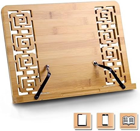 Bamboo Reading Rest Cookbook Holder,Foldable Bookrest Tablet Stand with Adjustable Backing&Elegant Pattern for Cook Book,Recipe,iPad Air 2 3 4,Kindle,Samsung Tablet PC,34 * 24 * 4.5 cm