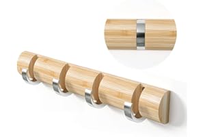 WODENY Bamboo Wall Mounted Coat Rack, Towel Hook Hanger Space Saving Modern Sleek with Retractable & Flipped Smooth Kirsite Hooks for Hanging Towels Keys Hats Heavy Duty Shower Wall(Natural, 4 Hooks)