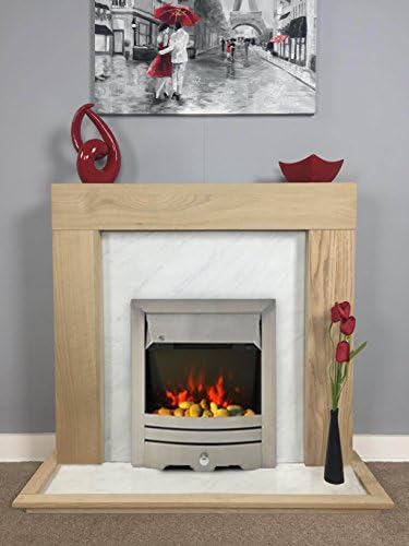 Natural Light Oak White Marble Effect Electric Fireplace Fire Surround (With Brushed Steel Fire)