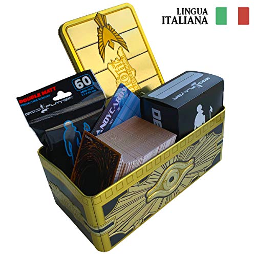 MEGA LOTTO Yu-Gi-Oh! 5 Carte Segrete + 10 Ultra Rare + 25 Super Rare + 25 Rare + 115 Comuni CASUALI MISTE ITALIANO + 1 Tin Portacarte Dorato + Sleeves + Deck Box + Segnapunti Andycards