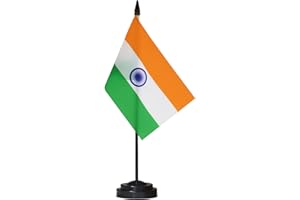 ANLEY India Deluxe Desk Flag Set - 6 x 4 Inch Miniature Indian Desktop Flag with 12" Solid Pole - Vivid Color and Fade Resistant - Black Base and Spear Top