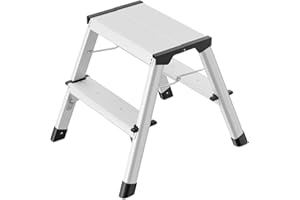 ‎HAILO Hailo D60 StandardLine Alu Doppelstufen-Trittleiter - 2-stufiger Klapptritt mit Soft-Grip-Sohlen und Klappsperre - Arbeitshöhe bis 240 cm - Gewicht 2 kg - Silber