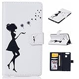 Huawei P9 Hülle,Huawei P9 Case,Cozy Hut Case / Cover / Handyhülle für Huawei P9 Schutzhülle, Kunstleder Ledertasche Schutzhülle Case Tasche,Bunte Drucken Muster PU Leder Brieftasche Hülle Wallet Case Flip Cover Hüllen Etui Lederhülle mit Standfunktion Kredit Kartenfächer für Huawei P9 - Schwarze Mädchen