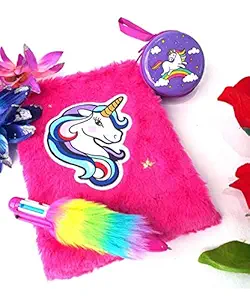 MADHAV Beautifully Printed Plush Soft Fur Diary with Multicolor (6 in 1) Fur Pen and 1 metal coin pouch (Combo of 3)Journal / Notebook/Personal Organizer/Birthday Party/Return Gift Items for Girls and Kids (Random Color)