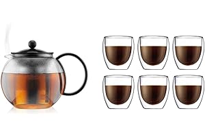Bodum - 1805-01 - Assam - Théière à Piston en verre - Filtre inox - 1.0 L - Noir & 4558-10-12 - Pavina - Coffret de 6 Verres Double Paroi - 25 cl , Transparent