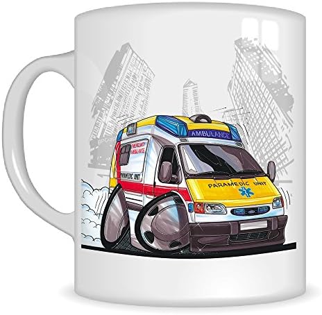 Koolart Gifts K177-MG Cartoon of FORD PARAMEDIC AMBULANCE - Caricature WHITE / RED / YELLOW FORD Mug Gift for Men ( Mugs)