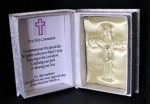 First Holy Communion Gift for a Girl Crystal glass cross in Personalised poem Box