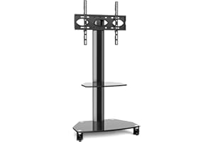 RFIVER Carrello Porta TV con Ruote per TV LCD LED OLED Plasma Piatto Curvo 27-65 Pollici, Supporto TV da Pavimento Mobile Sopportare 50kgs / Ruota di 45°/ Vetro Temperato