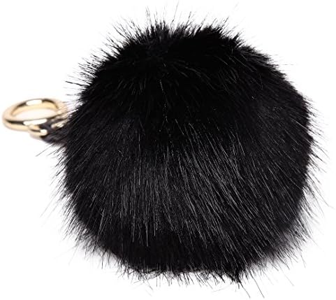 Cute Faux Rabbit Fur Ball Pom Pom Car Keychain Handbag Tote Wallet Backpack Key Ring Hanging Charm (B002 Black)