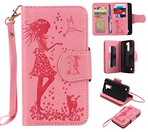 Cozy Hut® Schutzhülle / Cover / Handyhülle / Etui für LG K7 5.0 Zoll Hülle, 3D Gemalte Entlastung Muster Design Folio PU Leder Schutzhülle Bookstyle mit 9 Kartenfächer PU Leder Hülle Wallet Case Folio Handyhülle Flip Cover Schale Tasche Brieftasche Bumper mit Kartenfächer und Magnetverschluss Handyhülle Case Flip Cover mit Frau und Katze Motiv für LG K7 - rosa