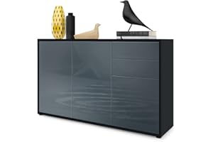 Vladon Sideboard Ben V3, Kommode mit 3 Türen und 2 Schubladen, Schwarz matt/Grau Hochglanz (117 x 74 x 36 cm)