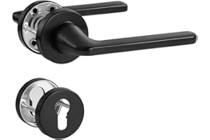 SORWDUERM Poignée de Porte Noire, Garniture de Prothèse en Acier Inoxydable Brossé Mat, Poignée pour Porte d'Entrée et Porte Intérieure, Forme en L, Rosace Ronde, PZ - Cylindre de Profil