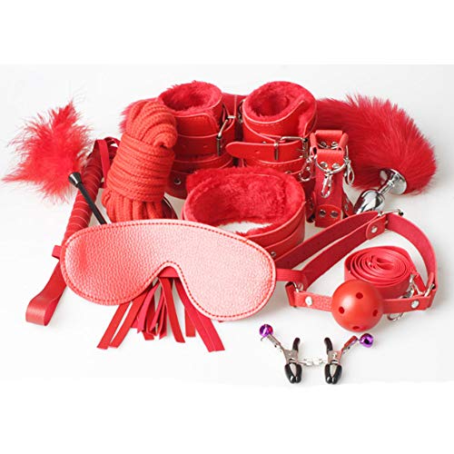Preisvergleich Produktbild QIANGGAO Die Bettfesseln / Riemen Übungsbänder / Kit mit verstellbaren Fellmanschetten Augenbinde für Cosplay 11-teiliges Set Plüsch,Red