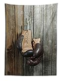 ABAKUHAUS Ancien Tapisserie, Gants de Boxe Vintage Surle Vieux Fond en Bois Equipement Ancien Photo Art Print, pour Le Salon, 110 x 150 cm, Marron
