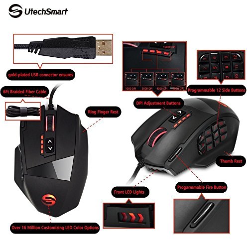 UtechSmart Venus 50 to 16400 DPI High Precision Laser MMO Gaming Mouse for PC, 18 Programmable Buttons, Weight Tuning Cartridge, 12 Side Buttons, 5 programmable user profiles, Omron Micro Switches, Over 16 Million Customizing LED Color Options For Side Buttons, Logo & Head Lights [18-Month Manufacturer's Warranty]