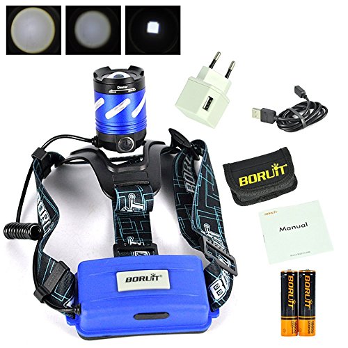 Boruit Led stirnlampe kopflampe Späteste Version LED-Hauptfackel, hohe Leistung XM-L T6 LED Scheinwerfer, wasserdichte Zoomable nachladbares Scheinwerfer-Taschenlampen-Kopf-Lampen-Licht für das kampierende fischende das Radfahren laufende wandernde Jagd-kletterndes Sicherheits-Licht mit SOS-Warnungs-Funktion, European regulation charger - 7