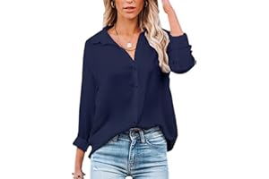 NONSAR - Blusa para mujer de manga larga y cuello de pico, con botones, elegante, informal, para el trabajo