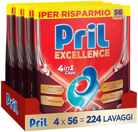 Pril Excellence 4in1 Caps, Detersivo Lavastoviglie in Caps a dissoluzione rapida, formato da 56x4 (224 capsule)