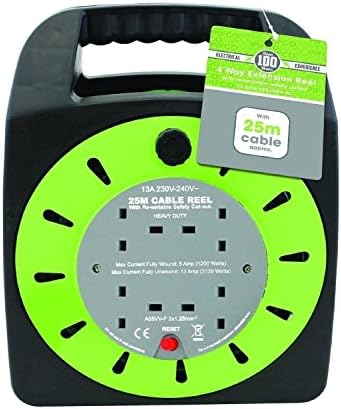 Slamtech 4 Way Mains Socket with 25M Metre Extension Lead Reel Cable - Heavy Duty British Approved 13A ideal for Workshops Home Use DIY, Office, Garages, Gardens, Patios, Construction sites etc