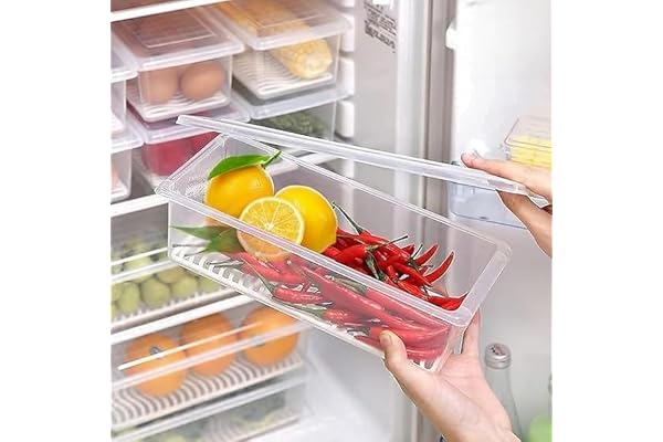 SR Brand Fridge Storage Boxes Pack Of 6 With Removable Drain Plate And Airtight Lid Stackable Plastic Fridge Storage Containers Keeps Fruits, Vegetables, Meat, Fish Fresh Longer, 1500 Ml