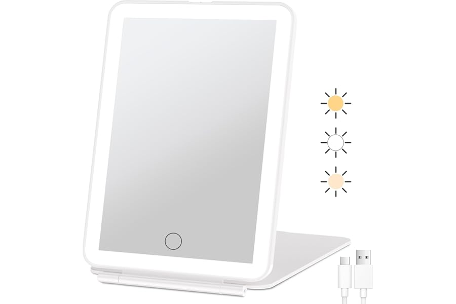 FUNTOUCH Rechargeable Travel Makeup Vanity Mirror with Lights, 2000mAh, Portable Lighted Makeup Beauty Mirror, Dimmable 3 Color Lighting, Tabletop Folding Cosmetic Mirror for Home, Office, Travel