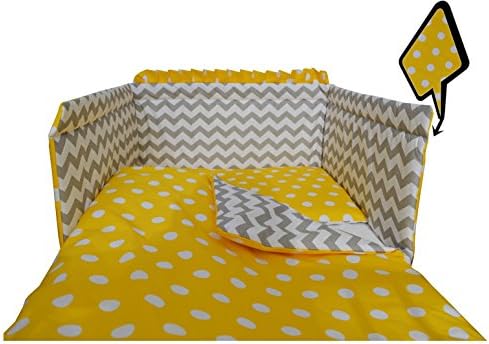 4 Piece Baby Bedding set - inc. Duvet cover + pillow case + bumper + plain fitted sheet Super Soft 100% COTTON Oeko-Tex tested fit COT 120X60 or COT BED140X70 (COT BED 140X70, GREY CHEVRONS-YELLOW DOTS REVERSIBLE DUVET COVER)