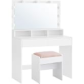 VASAGLE Dressing Table with 2 Drawers, 3 Open Compartments and LED Lighting | Velvet Makeup Stool, Adjustable Luminosity, Mod